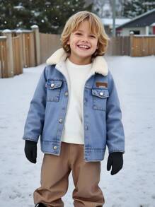 SHEIN Genkimix Kids 1 件男童休闲牛仔夹克，带毛领，秋冬保暖，开学季