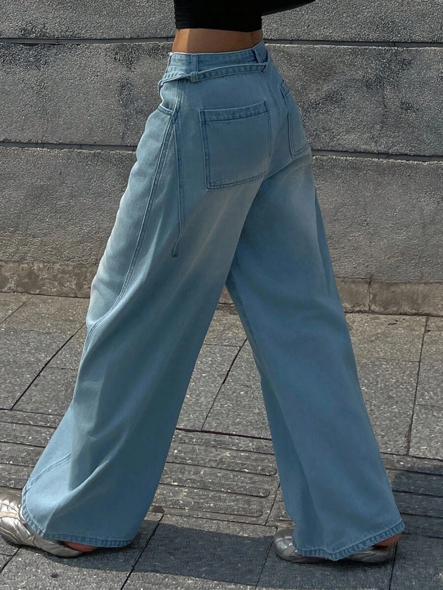 DAZY Vintage Blue Lace-Up High Waist Wide Leg Jeans For Women, Versatile - Light Wash - View 1