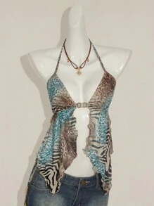 SHEIN ICON 女式豹纹不对称下摆无袖上衣，复古豹纹露背吊带背心 - 彩色 - 查看 4