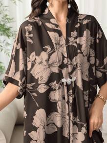 Al Najma 2025夏季新款阿拉伯风格女中袖碎花连衣裙，休闲度假时尚长款衬衫 - 咖啡棕 - 查看 5