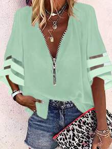 Breezaya Women Casual Vacation Mesh Patchwork Puff Sleeve Blouse - Green - View 1