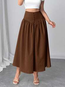 Firerie 新款休闲百搭轻薄仿亚麻喇叭裙，夏日度假波西米亚风优雅休闲裙 - 棕色 - 查看 1