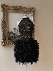 Lovelzi 优雅奢华黑色串珠刺绣手工钻石羽毛装饰短款露背鸡尾酒会礼服