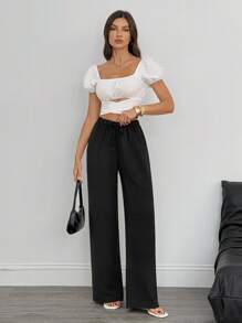 SHEIN Tall Quần ống rộng ống đứng màu trơn thoải mái, dễ mặc, có dây rút dùng hàng ngày cho nữ - màu đen - Xem 3