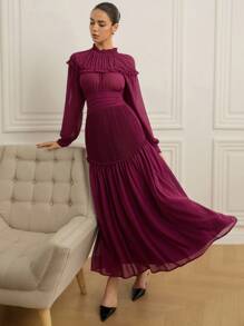 Aveloria Vestido de manga larga de gasa con pliegues y volantes en la cintura, de moda para el inicio del otoño para mujeres