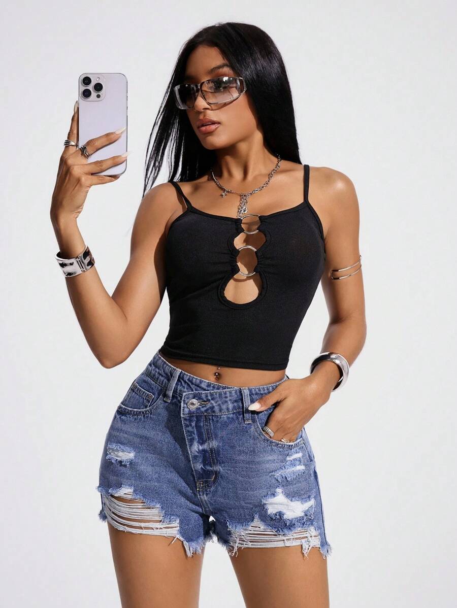 Jeanoix Damen Destroyed Fransensaum Lässige Vielseitige Denim-Shorts, Sommer - Mittele Waschung - Übersicht 1