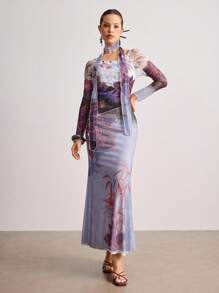 ROMWE Avant New Chinese Style Printed Mesh Fitted Dress With Scarf - Multicolor - View 3