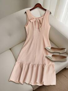 GlowEve CURVE Vertical Striped Textured Fabric Sleeveless Patchwork Plus Size Dress - Apricot - View 2