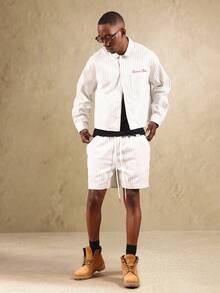 SUMWON Pinstripe Shirt Jacket And Shorts Set Summer Essential Lightweight Streetwear Two Piece Resort Vacation Spring Urban Fashion Leisure Festival Beach - Black and White - View 1