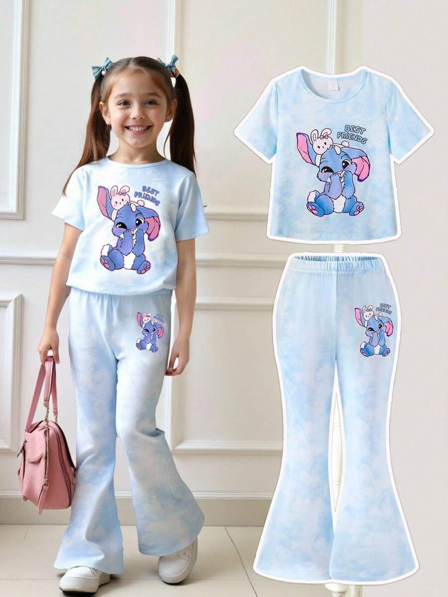 SHEIN 2pcs Young Girls Cute Pattern Top And Flare Pants Set, Vibrant Tie-Dye Fabric, Casual Everyday Wear - Blue - View 1