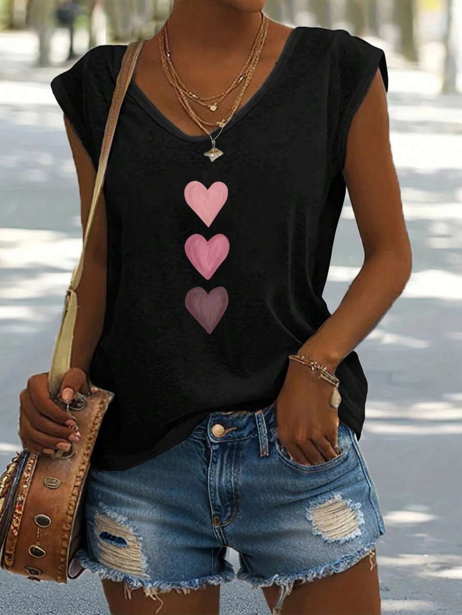SHEIN LUNE Casual Minimalist Heart Pattern V-Neck Camisole, Suitable For Summer Back To School - Black - View 1