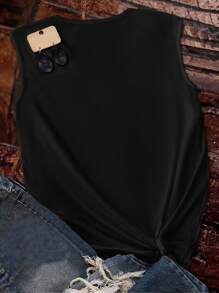 SHEIN LUNE Casual Minimalist Heart Pattern V-Neck Camisole, Suitable For Summer Back To School - Black - View 2