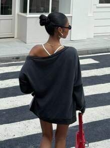 Muchica Fall Clothes Back To School Homecoming  Casual  Black Batwing Sleeve Loose Sweatshirt - Black - View 2