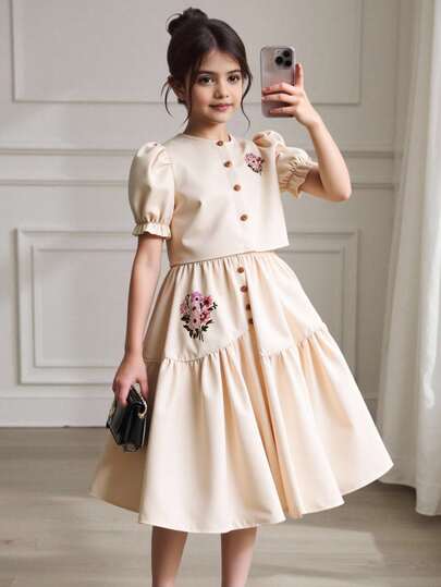 2pcs/Set Tween Girl Print Puff Sleeve Shirt With Asymmetrical Button Skirt, Comfortable Spring/Summer Vacation Outfit