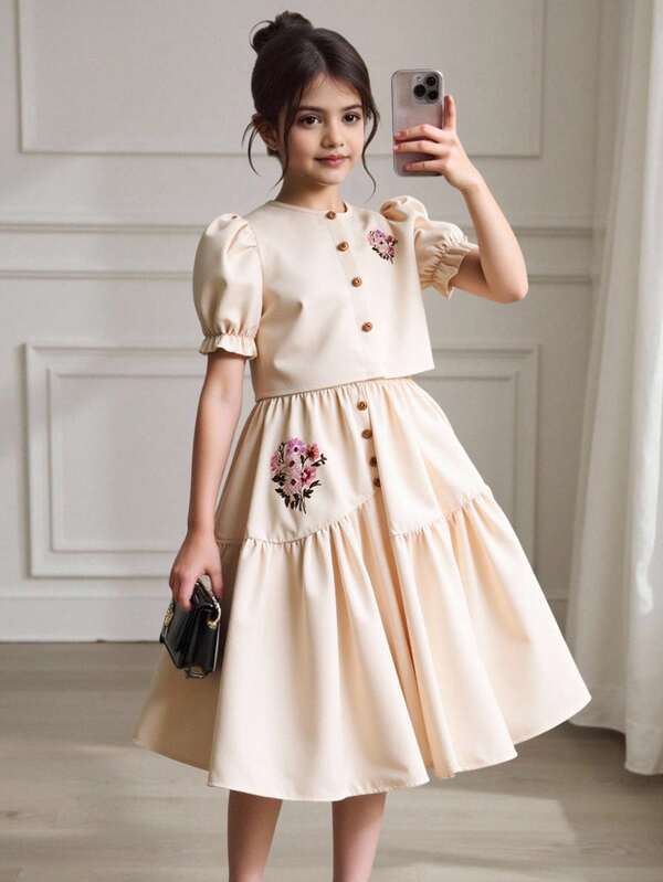 2pcs/Set Tween Girl Print Puff Sleeve Shirt With Asymmetrical Button Skirt, Comfortable Spring/Summer Vacation Outfit