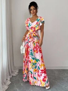 Elenzga 荷叶边袖 V 领度假 A 字腰褶皱优雅浪漫女式连衣裙 - 彩色 - 查看 4