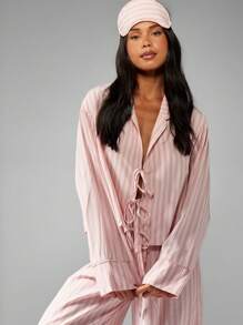 MISSGUIDED 条纹缎面睡衣套装，阔腿裤，抽绳前襟衬衫，家居睡衣，节日礼物，配套眼罩，舒适夜间睡眠服，秋季服装 - 粉色 - 查看 3