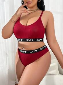 Plus Size Women Heart & Letter Knit Comfy Lingerie Set - Burgundy - View 5