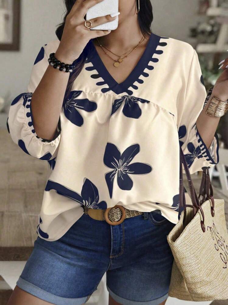 SHEIN VCAY 女式夏季V领花卉印花休闲度假衬衫 - 彩色 - 查看 1