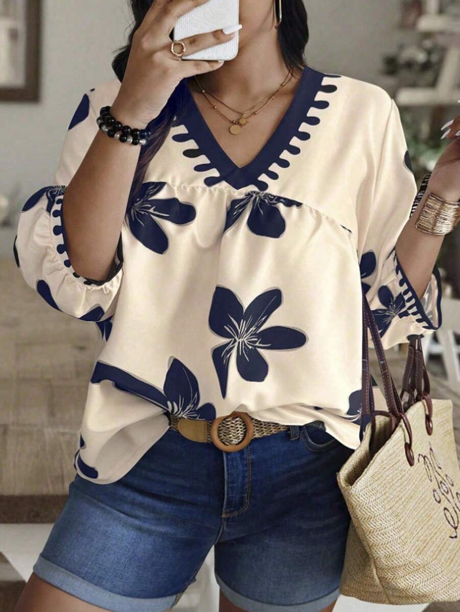 SHEIN VCAY قميص صيفي كاجوال مطبع بالأزهار رقبة على شكل حرف V للنساء