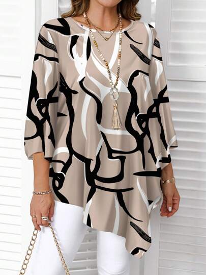 EMERY ROSE Plus size rund hals kontrastfarve løs casual skjorte med buet kant asymmetrisk bluse tunika bluse, efterår plus size, efterårstoppe, lærer plus size, udeliv, business casual kvinde kurvetop, flagrende top, forår/sommer/ferie