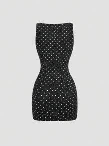 Sweetra Váy ngắn thanh lịch không tay nhún eo chấm bi cho nữ, mùa xuân/hè - màu đen - Xem 5