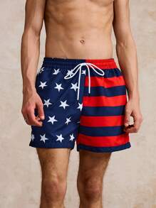 Surfspeed Men's US Flag Print Drawstring Waist Beach Shorts - Blue - View 4