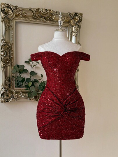 Lovelzi Fashionable, Sexy, Avant-Garde, Mini, Mesh, Shiny, Red, Sequin Fabric, Strapless, Knotted, Off Shoulder, Super Short Dress, Suitable For Nightclub, Party, Vacation, Cocktail Party
