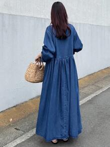 FRIFUL 女式休闲宽松牛仔连衣裙 - 深色水洗藍 - 查看 3