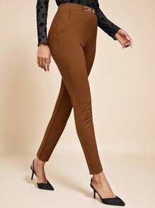 Amorya Women's High Waist Metallic Buckle Detail Skinny Pants Valentine's Day Vacation Outfits Woman Summer Outfits For Women Going Out Tops Women,Business Casual Woman,Summer,Cute Shirts,Office - Brown - View 5