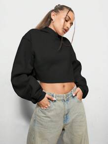 SUMWON WOMEN Cropped Oversized Hoodie Long Sleeve Embroidered Logo Sweatshirt Casual Fall Winter Streetwear Pullover Fashion Statement Crop Top,Zip Up - Black - View 2