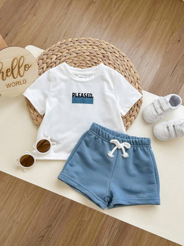 SHEIN 2 件套男婴休闲学院风舒适时尚简约百搭柔软短袖 T 恤和撞色短裤套装，适合日常穿着、上学、郊游、运动、春夏季 - 彩色 - 查看 6