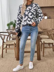 EMERY ROSE Women's Knitted Long Sleeve Crew Neck Pullover Jacquard Contrast Color Pattern Casual Fitted Sweater Gray Sweater Women Sweaters Fall Sweaters Leopard Print Sweater Animal Print Sweater Back To School Outfits Women Fall Clothes For Women Going Out Outfits - Grey - View 7
