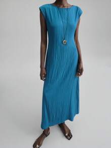 Ontre Novas roupas femininas de 2025, vestuário outono/inverno, roupas para todas as estações, trajes de inverno, looks de volta às aulas, Halloween e Natal, trajes femininos para professoras, trajes para eventos sociais, vestidos para saídas à noite, vestidos para convidadas de casamento, vestidos elegantes para convidadas de casamento, trajes para igreja, trajes casuais femininos para negócios, básicos versáteis, vestido longo texturizado minimalista de cor sólida casual de verão - Azul - Ver 6