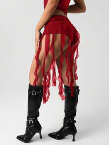 SHEIN ICON 女式低腰黑色高开衩不对称网眼垂坠不对称下摆半身裙 - 酒紅色 - 查看 2