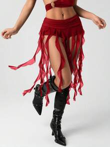 SHEIN ICON 女式低腰黑色高开衩不对称网眼垂坠不对称下摆半身裙 - 酒紅色 - 查看 3