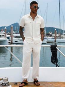 Manfinity Homme Men's Casual Versatile Solid Color Drawstring Waist Pants - White - View 4