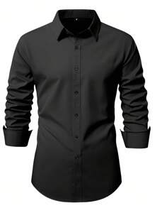 Manfinity Mode Men's Black Long Sleeve Casual Business Shirt, Fall - Black - View 3