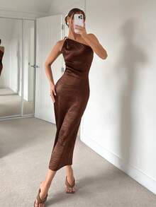 Siren Gaze 女式纯色不对称无袖腰收腰中长连衣裙，夏季 - 咖啡棕 - 查看 3