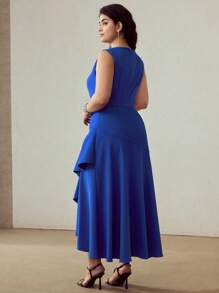 MOTF PREMIUM PLUS SIZE SOLID RUCHED WAIST ASYMMETRICAL RUFFLE HEM DRESS - Blue - View 3