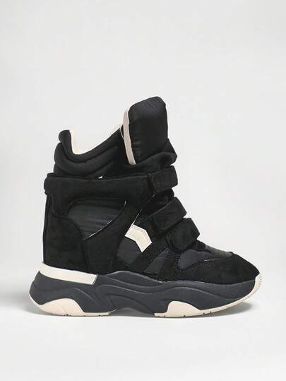 Solezae New Fashionable Super Maranto Triple Black High Top Hook And Loop Strap Quilted Padded Collar Concealed Wedge Women's Sneaker Shoe For Christmas Valentine's Day
