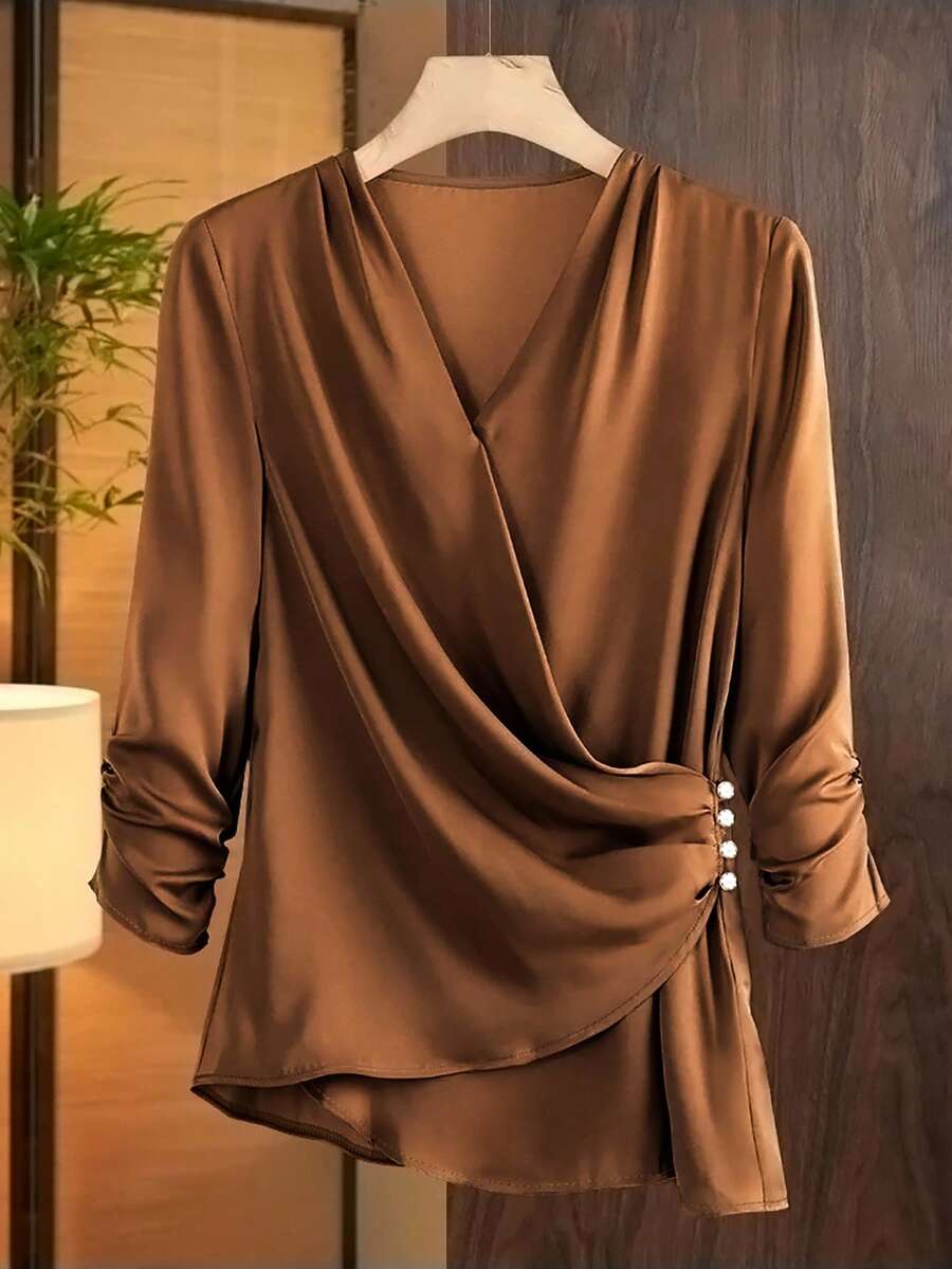 SHEIN LUNE 女士纯色不对称裹身优雅时尚衬衫 - 棕色 - 查看 1