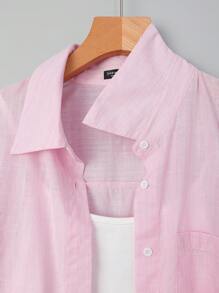 Rusticease 大码长袖休闲条纹衬衫，秋季女装 - 粉色 - 查看 4