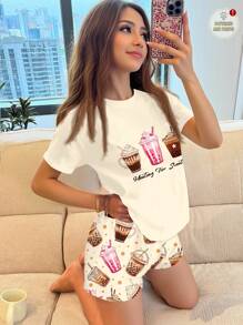 SHEIN Leap Crew Teen Girl Bubble Tea Print Casual Loose Simple Round Neck Short Sleeve Shorts Loungewear Set, Suitable For Spring & Summer - Multicolor - View 1