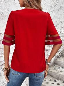 SHEIN LUNE 女士纯色前拉链 3/4 袖宽松休闲衬衫 - 紅色 - 查看 2