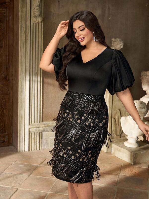 Aureia Plus Size Plus Size Summer And Autumn Elegant Romantic Gorgeous Black Tassel Sequins Stitching Elastic Satin V-Neck Puff Sleeves Slim Short Dress With Back Slits Suitable For Dinner Single Party Dating Holiday Dance Graduation Season Wedding Event Back To School Season Cocktail Dress Date Night Outfits Women Gothic Clothes