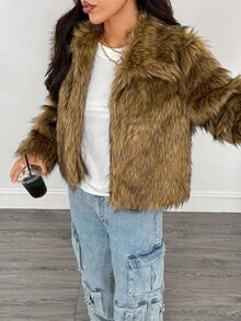 SHEIN PETITE Short Solid Color Fluffy Patchwork Fluffy Coat Y2k Fur Jacket In Fall/Winter ,Petite Women - Camel - View 6