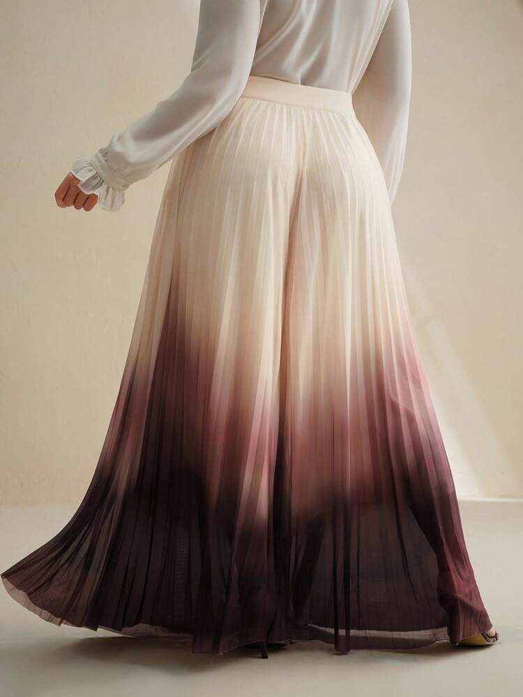 Women's Plus Elegant Ombre Print Wide Leg Pleated Long Pants, Fashionable Autumn