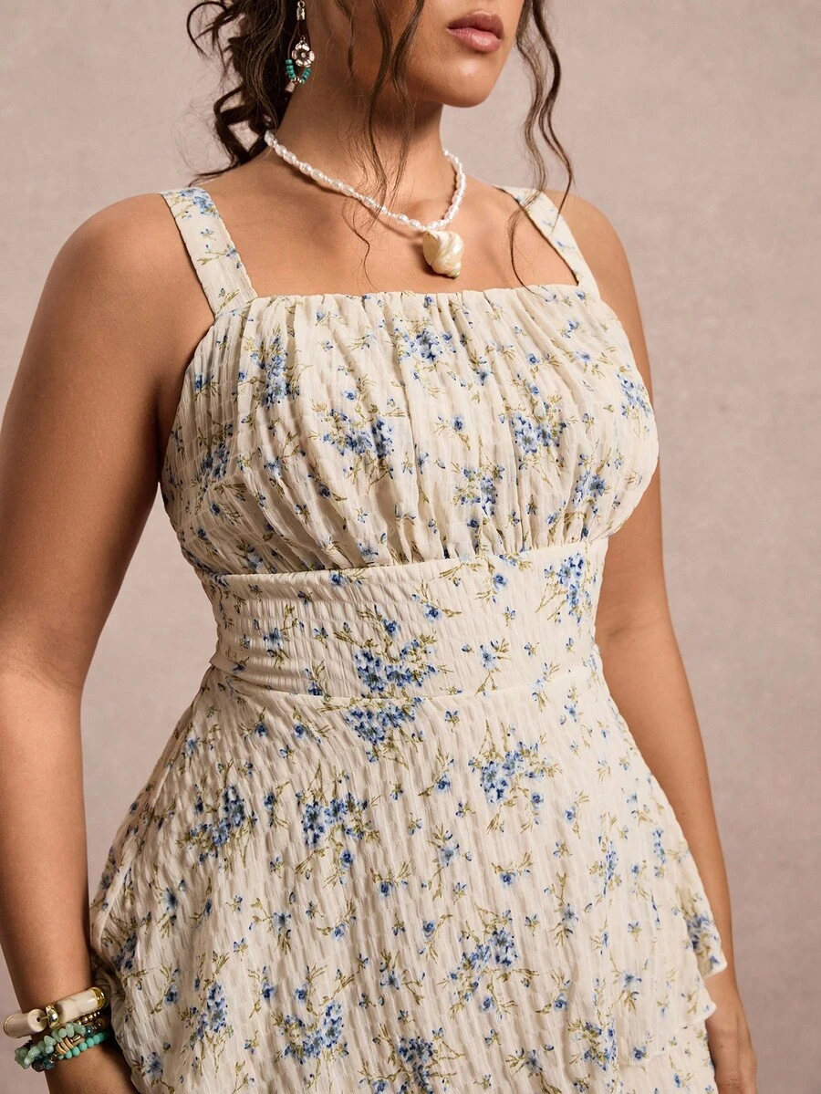 SHEIN VCAY 大码女式花卉印花荷叶边分层细肩带连衣裙，假日风格 - 彩色 - 查看 1