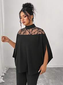 Almamuse Plus Size Elegant Slimming Mesh Patchwork Batwing Sleeve Blouse